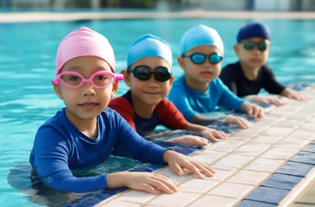 school children swimming