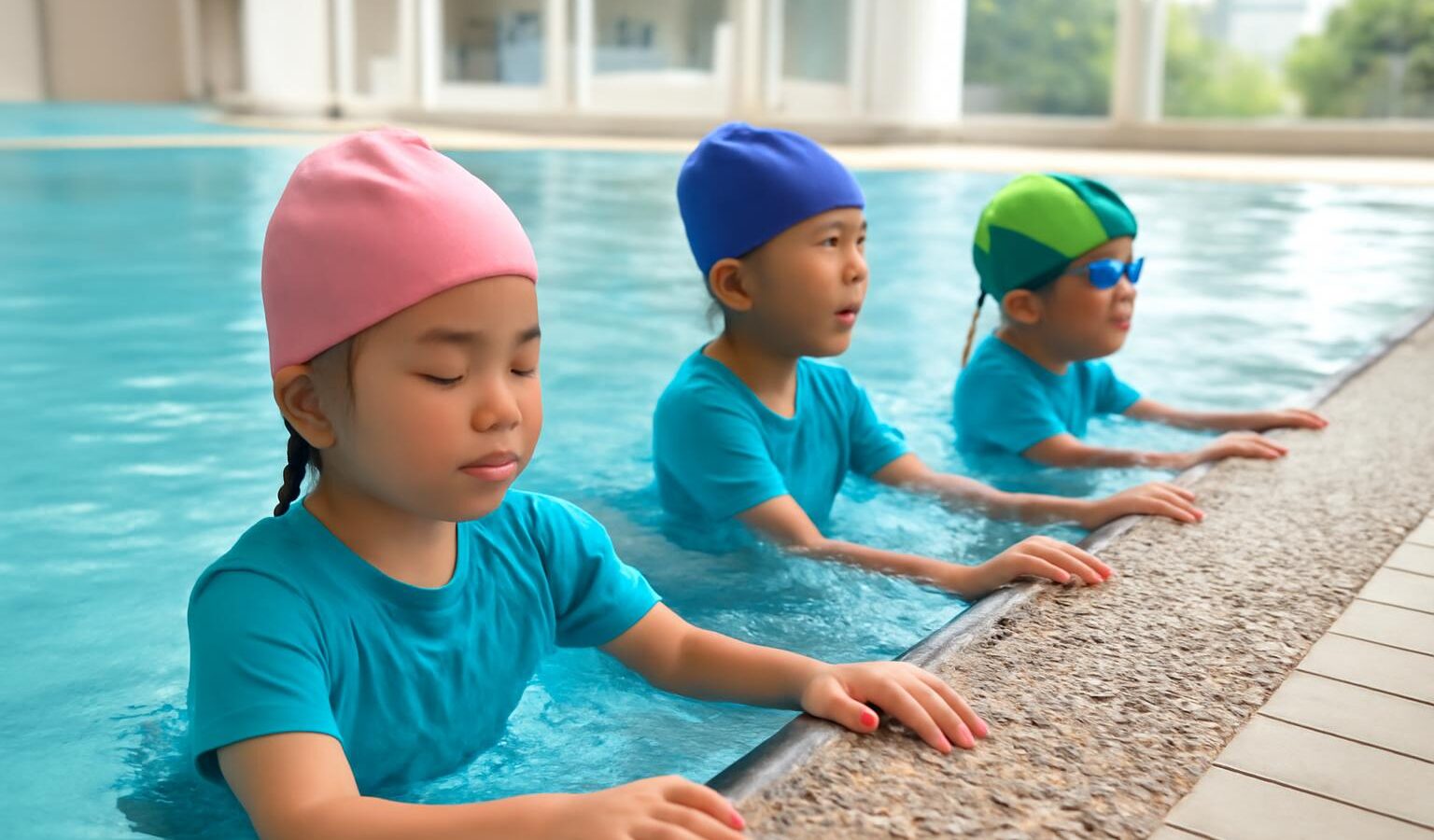 school children swimming