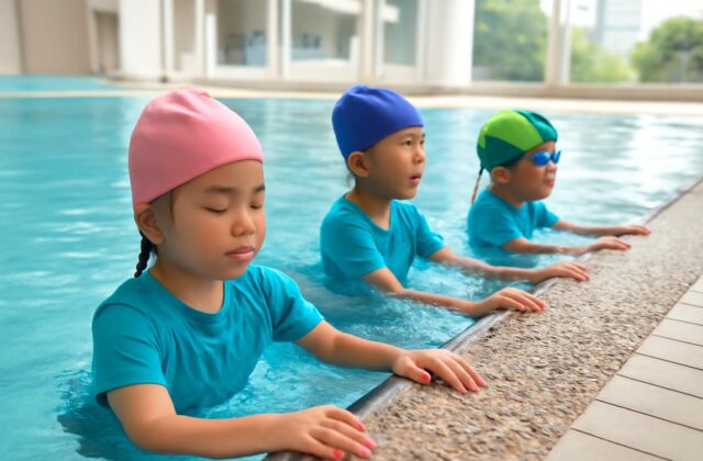 school children swimming